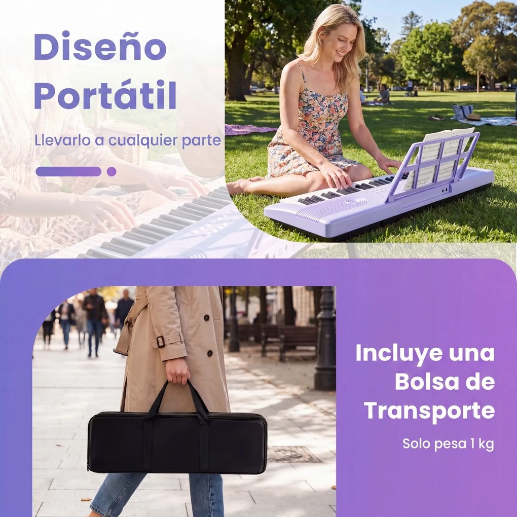 Teclado de piano portátil de 61 teclas com suporte para partituras, microfone, autocolantes de notas e bolsa - 58 x 18 x 5 cm - Roxo