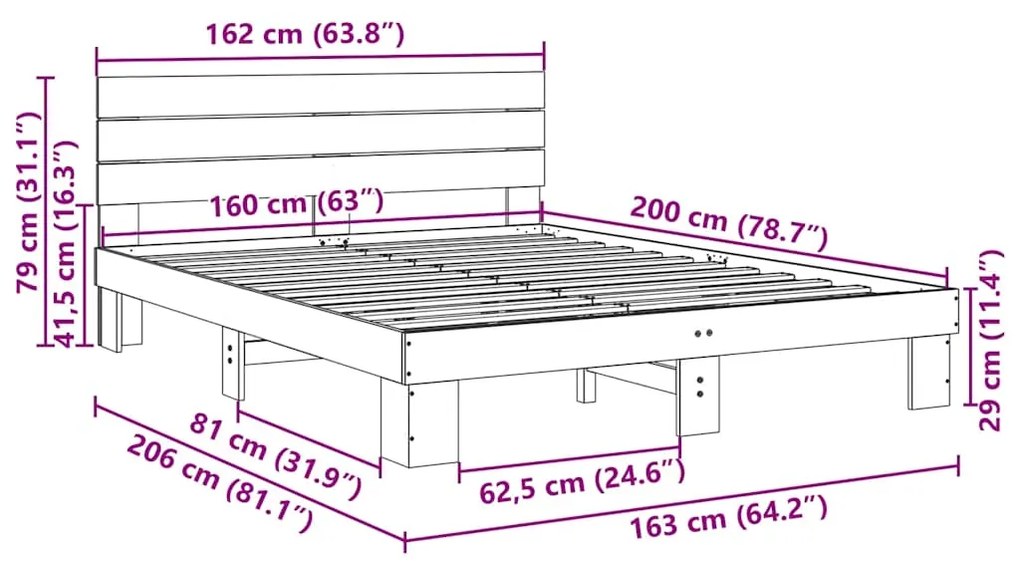 Estrutura cama cabeceira sem colchão 160x200 cm maciça carvalho