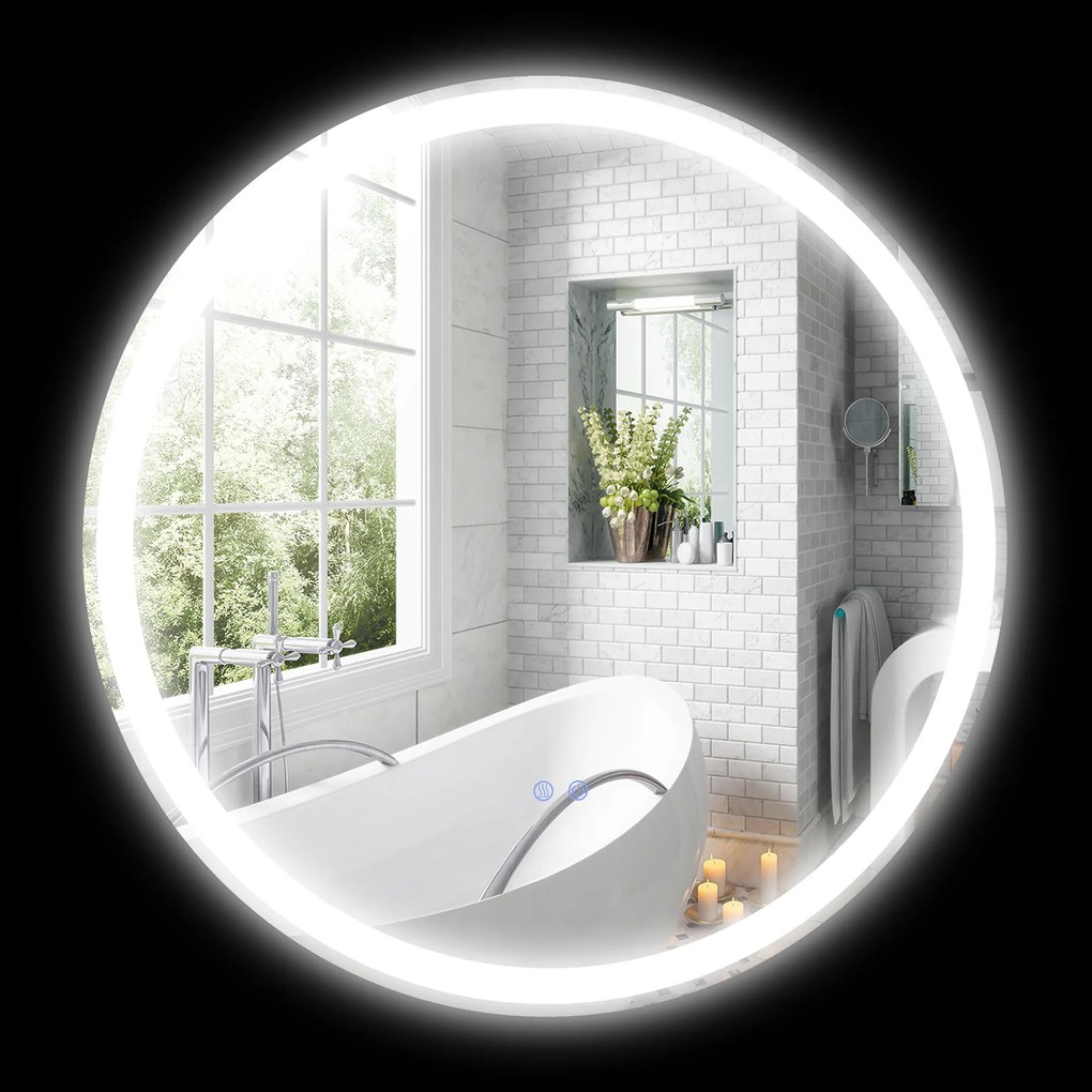 Espelho de Casa de Banho Redondo, 70 x 70 x 3,4 cm, Iluminação LED Regulável, Branco e Prateado