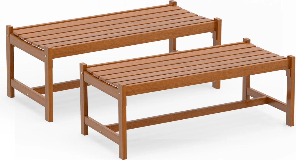 Conjunto de 2 bancos de jardim de 2 lugares,112 x 51 x 41,5 cm (MESA NÃO INCLUIDA), em madeira com acabamento a óleo de teca e assento curvo em ripas,