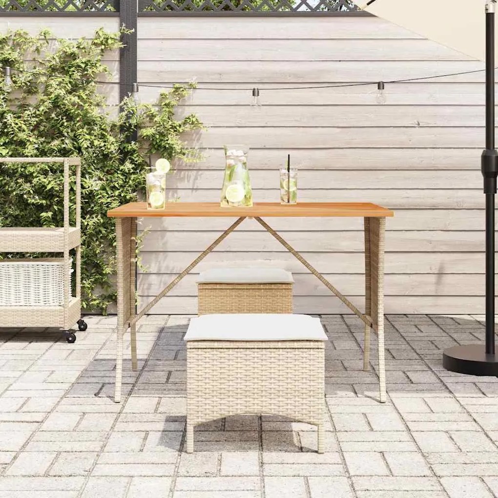 Mesa de jardim com tampo em acácia 105x75x72 cm vime PE bege
