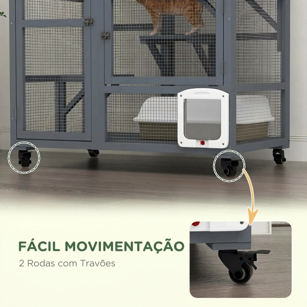 Gaiola Interior para Gatos em Madeira com Rodas Portas Plataformas de Salto Rede e Topo Basculante 110x100x60 cm Cinza