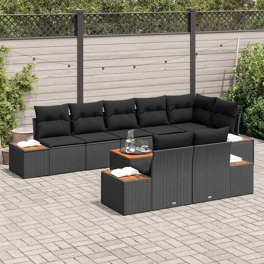 Conjunto de sofá de jardim com 9 peças e almofadas - Vime de poliéster