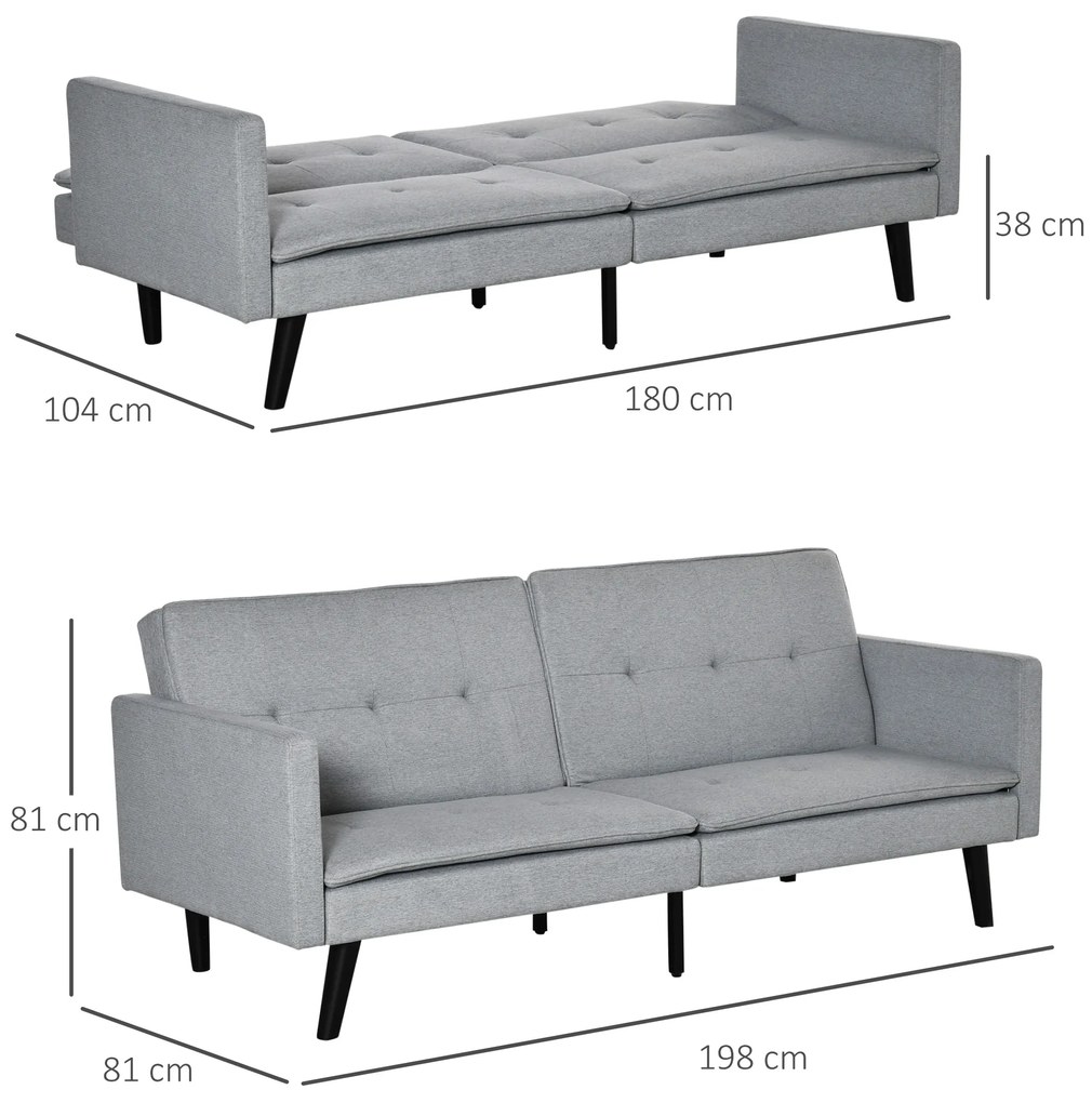 Sofá Cama de 3 Lugares Estofado em Tecido com Encosto Ajustável em 3 Posições e Pés de Madeira Sofá Moderno para Sala de Estar Escritório 198x81x81cm