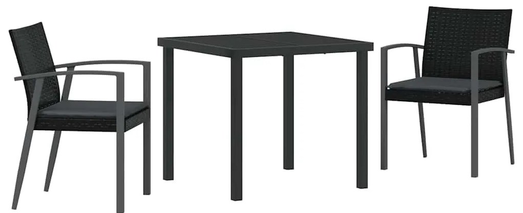 Conjunto de jantar de jardim de 3 peças com almofadas, preto, em ratta