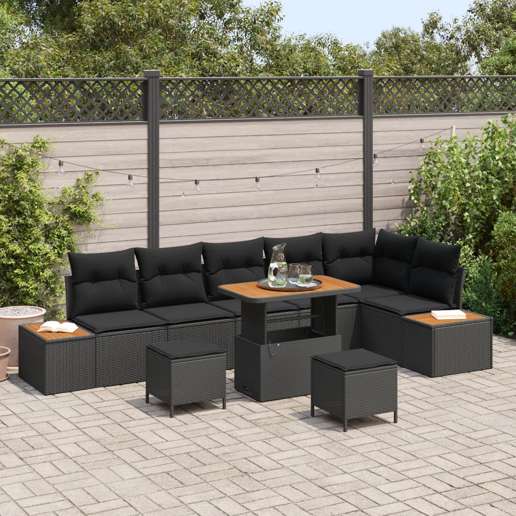 Conjunto de Sofá para Jardim vidaXL de 9 Peças com Almofadas Preto Vim