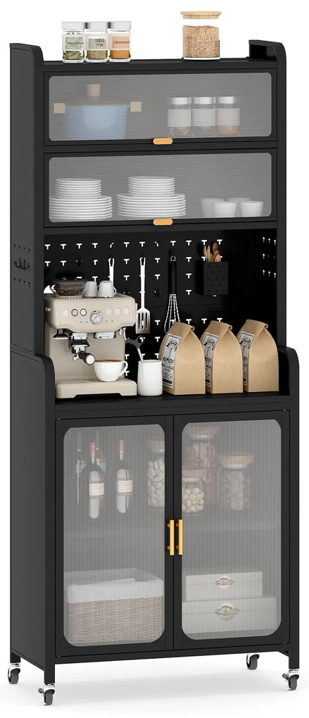 Armário de cozinha de 6 níveis com rodas 79 x 37 x 192 cm, pés fixos, portas transparentes e prateleira ajustável Preto