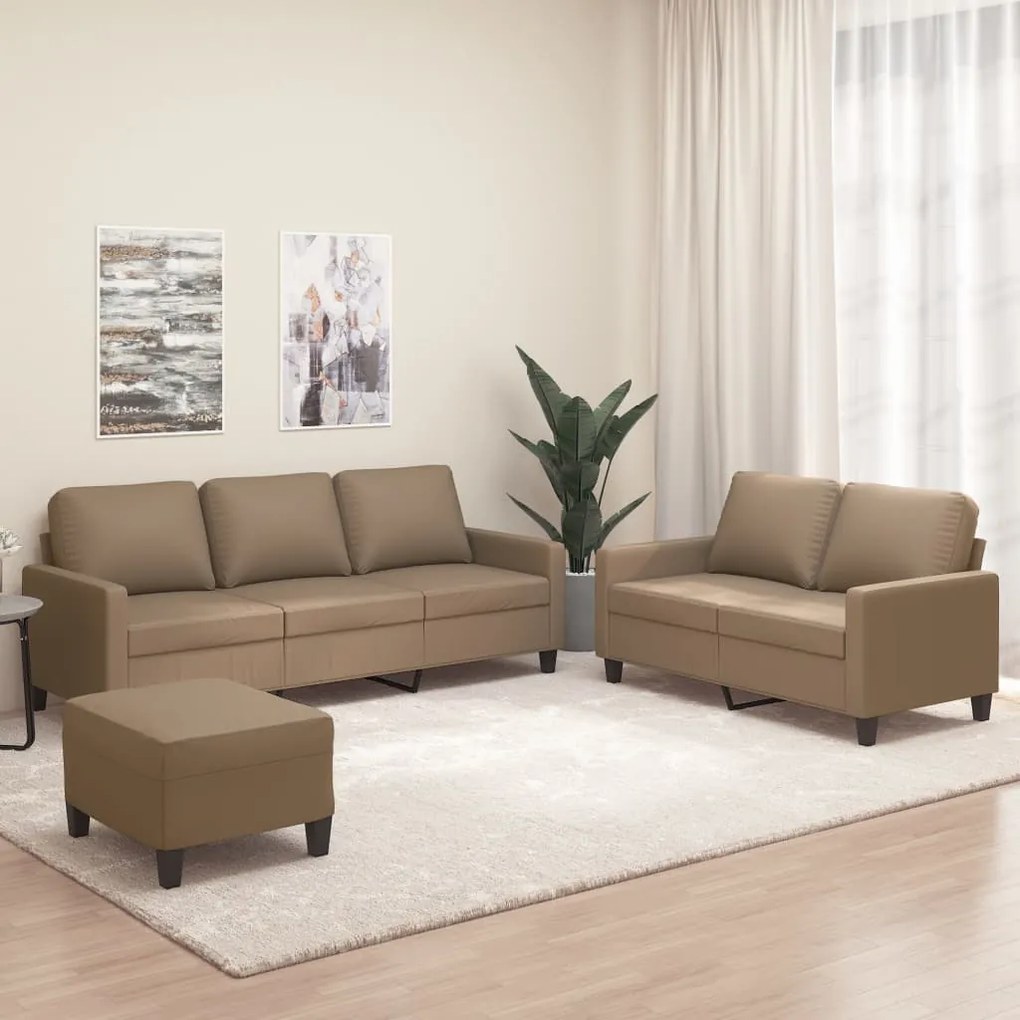 vidaXL 3 pcs conjunto sofás c/ almofadões couro artificial cappuccino
