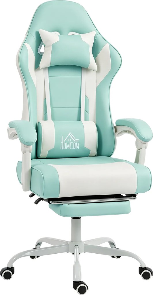 HOMCOM Cadeira Gaming Reclinável 155° com Suporte Lombar com Massagem Apoio de Cabeça e Apoio para os Pés 63x66x126-134 cm Azul Claro | Aosom Portugal
