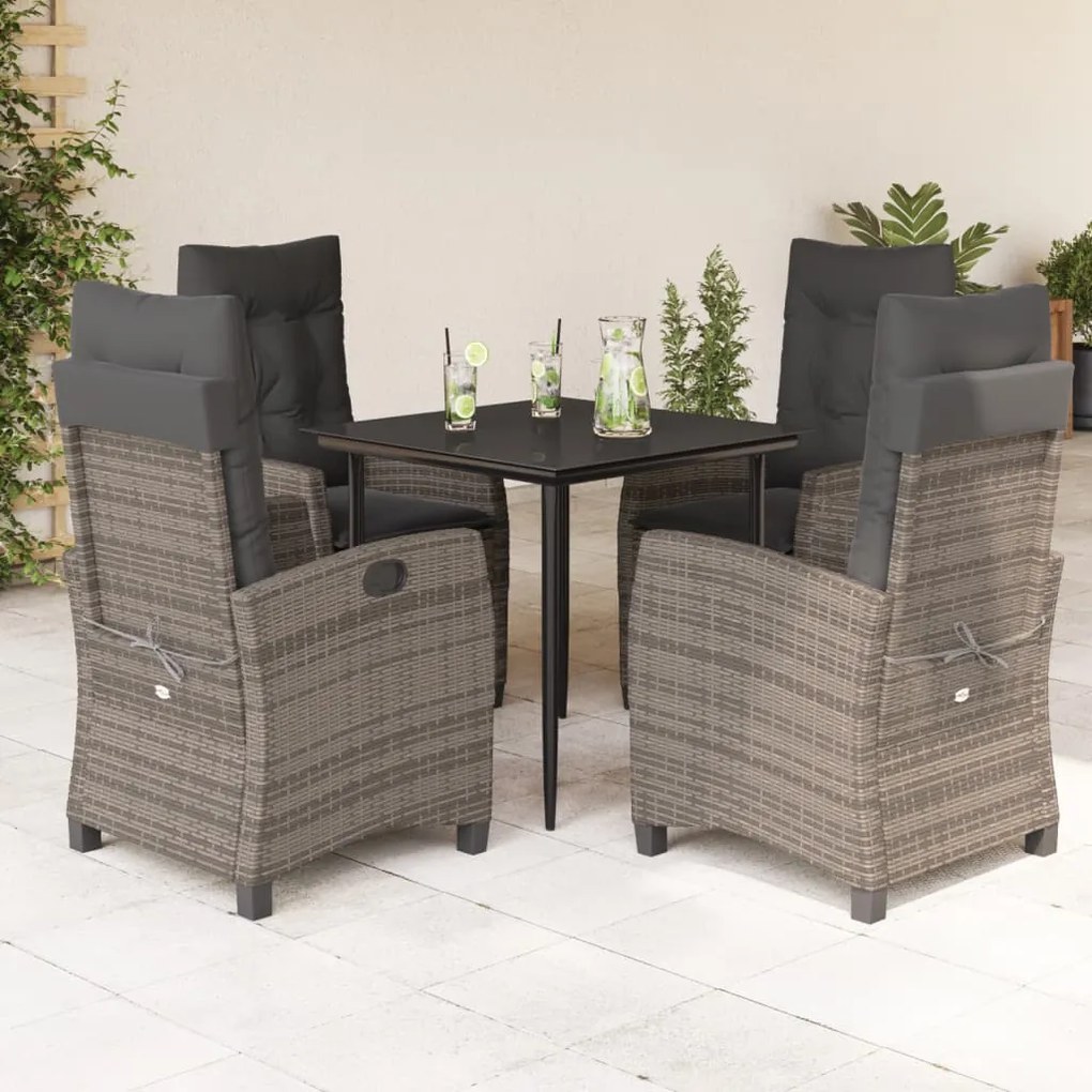 5 pcs conjunto de jantar p/ jardim c/ almofadões vime PE cinza