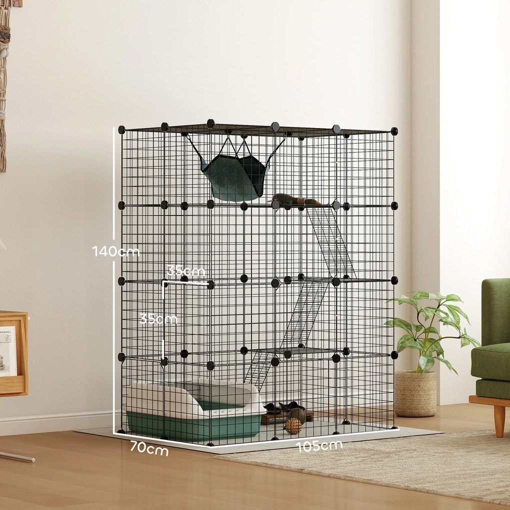 Gaiola Interior para Gatos, 105 x 70 x 140 cm, 4 Níveis Modulares, Preto