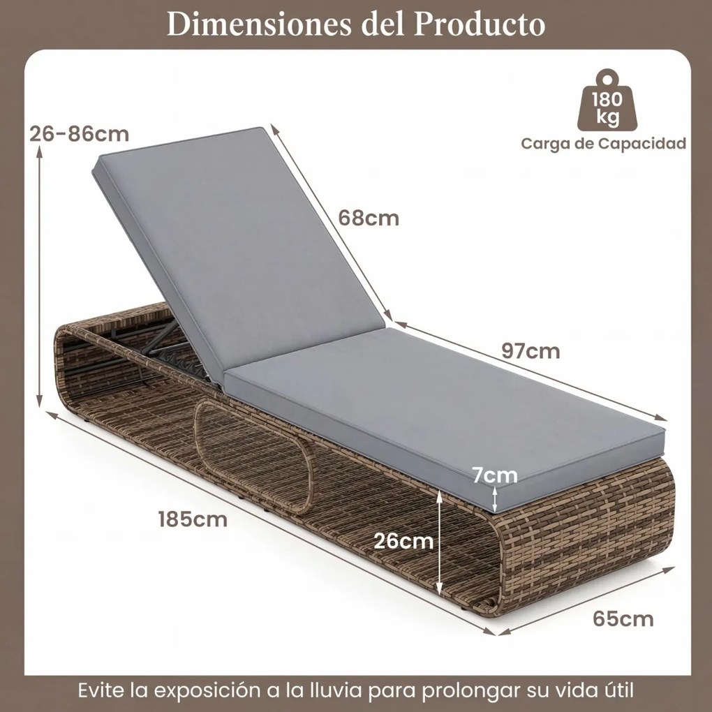 Espreguiçadeira de Jardim com encosto ajustável 185 x 65 x 26-86 cm, almofada e espaço de arrumação para piscina, pátio e jardim Cor do rattan PE: Cas