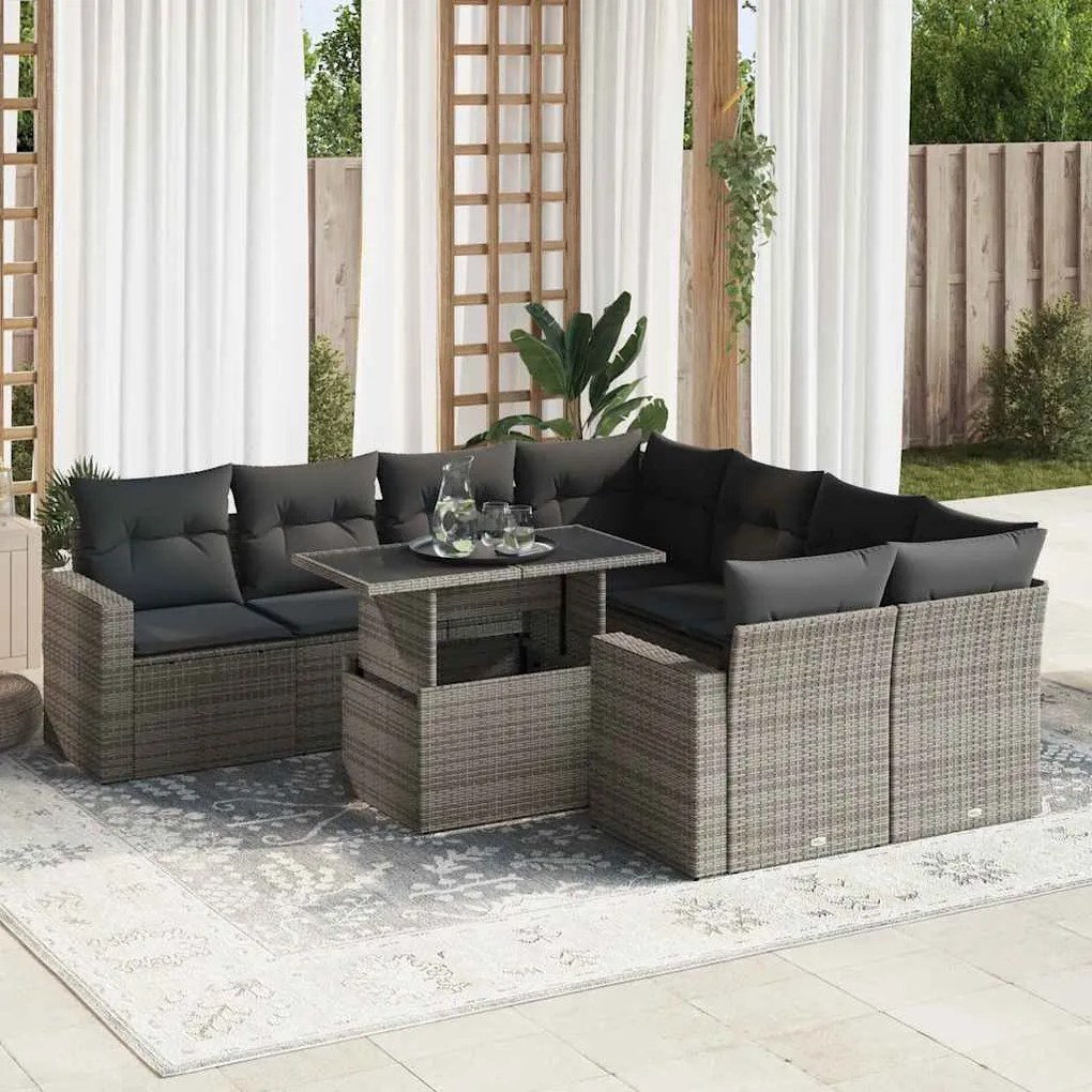 vidaXL 9 pcs conjunto sofás p/ jardim com almofadões vime PE cinzento
