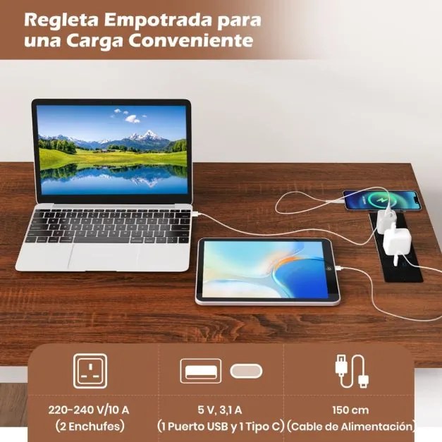 Secretária em forma de L 138 x 104 x 74 cm com arquivo e tomada elétrica com 3 gavetas Castanho e Branco