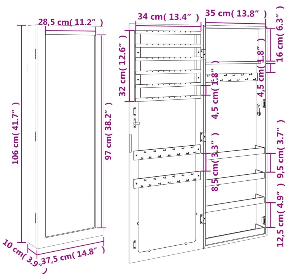 Móvel para joias de parede espelhado 37,5x10x106 cm branco