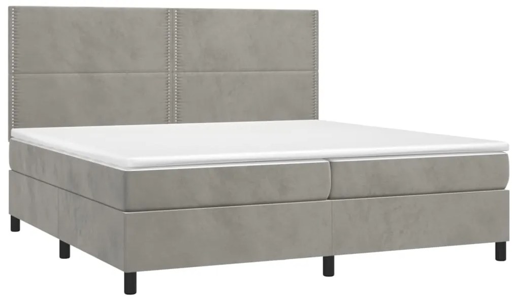 Cama box spring c/ colchão/LED 200x200 cm veludo cinzento-claro