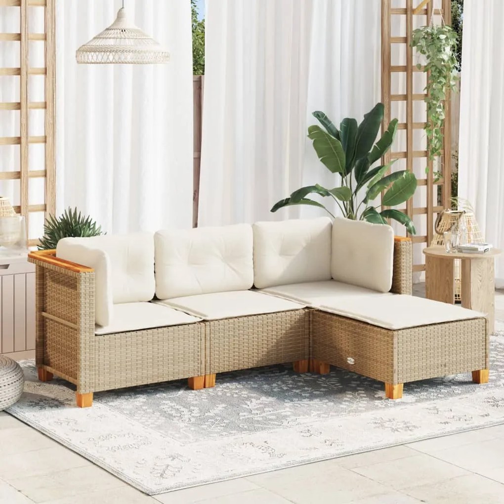 4 pcs conjunto de sofás para jardim c/ almofadões vime PE bege
