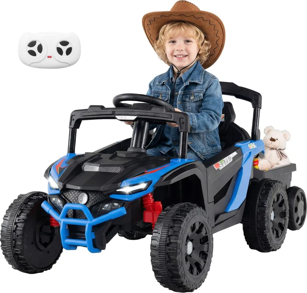 Carro eletrico para crianças 12V com reboque destacável a bateria com 3 velocidades Luzes LED Música Azul