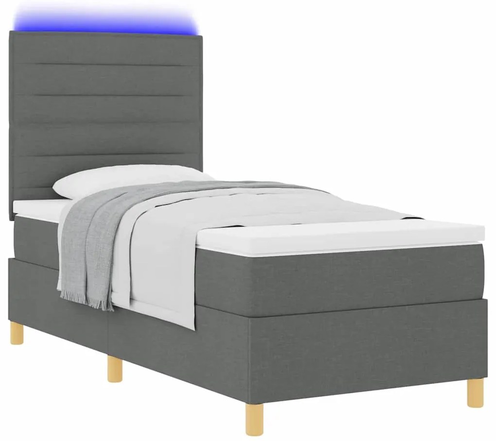 Cama Box com Colchão &amp; LED Cinza Escuro 80x200 cm Tecido