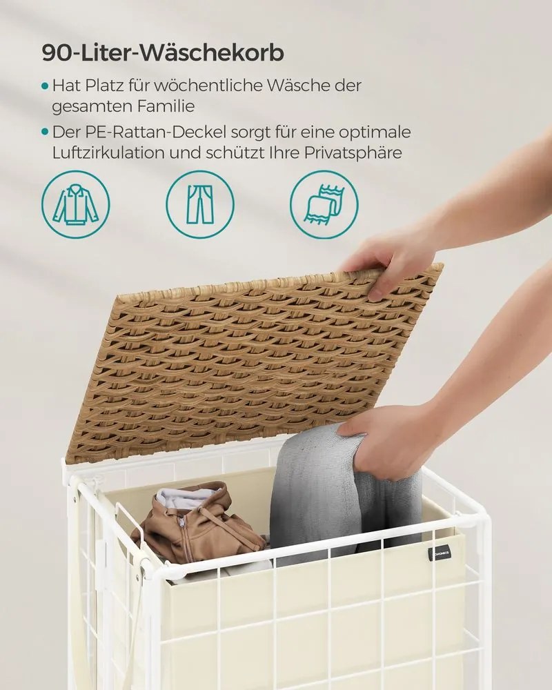 Cesto para roupa suja 46 x 33 x 65 cm com rodas e saco para roupa suja bege natural-branco creme