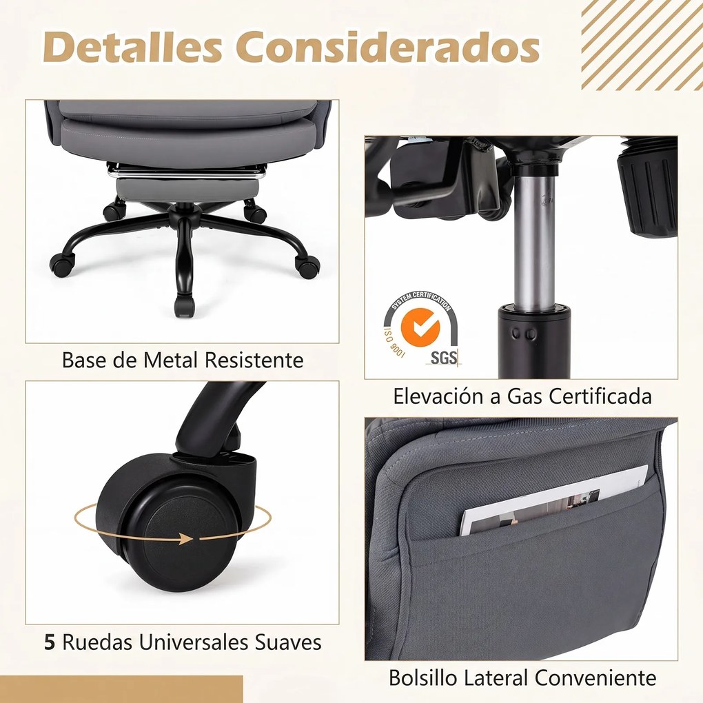 Cadeira de Escritório com Apoio para os Pés, 63-114 x 78 x 118-125 cm, Encosto Reclinável, Cinzento