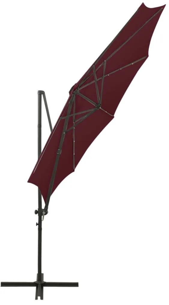 Guarda-sol jardim cantilever c/ poste e luzes LED 300 cm bordô