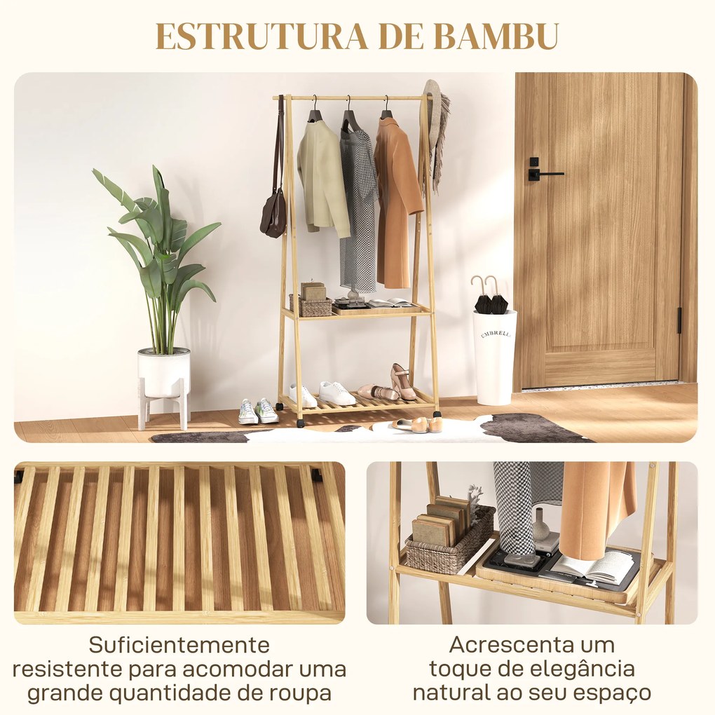 Guarda Roupa de Bambu para Roupa Charriot para Roupa com Rodas 2 Prateleiras Abertas e 2 Ganchos 84,5x43,5x158 cm Madeira