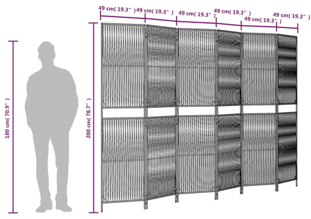 Biombo de divisão 6 painéis vime PE bege
