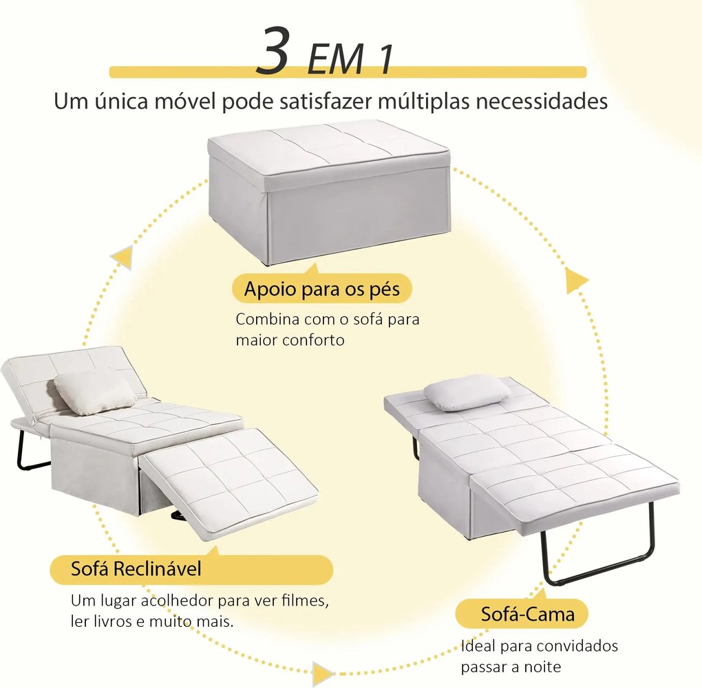 Sofá-Cama "Açores" 3 em 1 - Branco Gelo - 95x179x78 cm - Linho e Metal