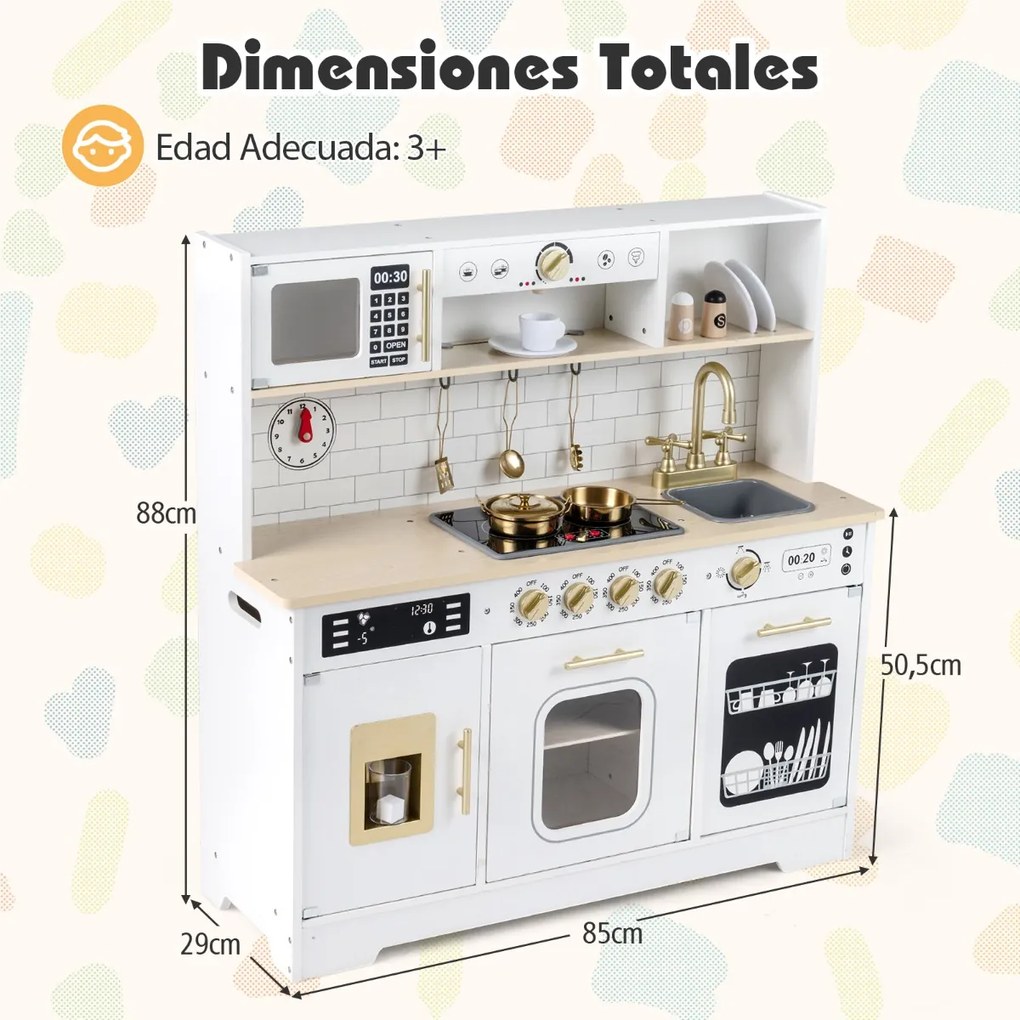 Cozinha de brincar em madeira para crianças com luzes e sons realistas 85 x 29 x 88 cm Branco