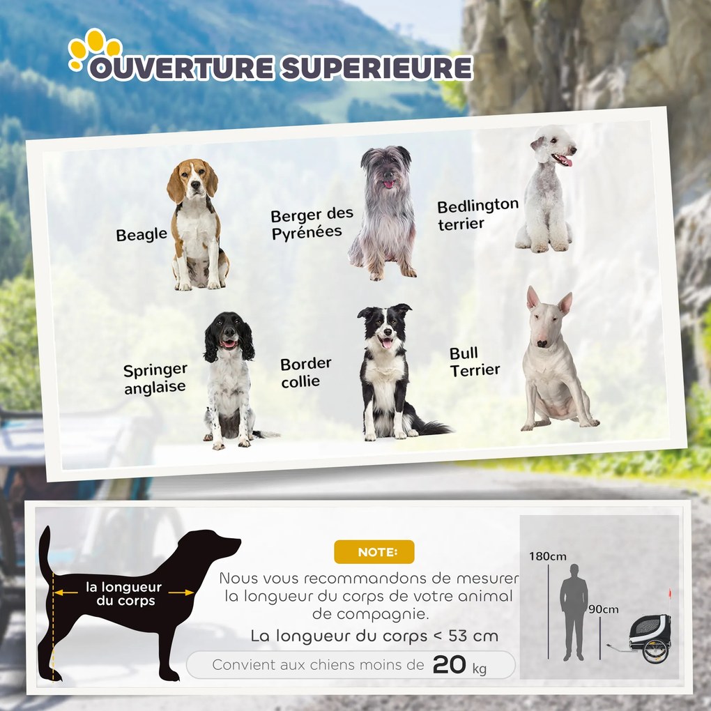 Reboque de bicicleta para cães e animais de estimação 130 x 73 x 90 cm com bandeira e 8 refletores branco e preto