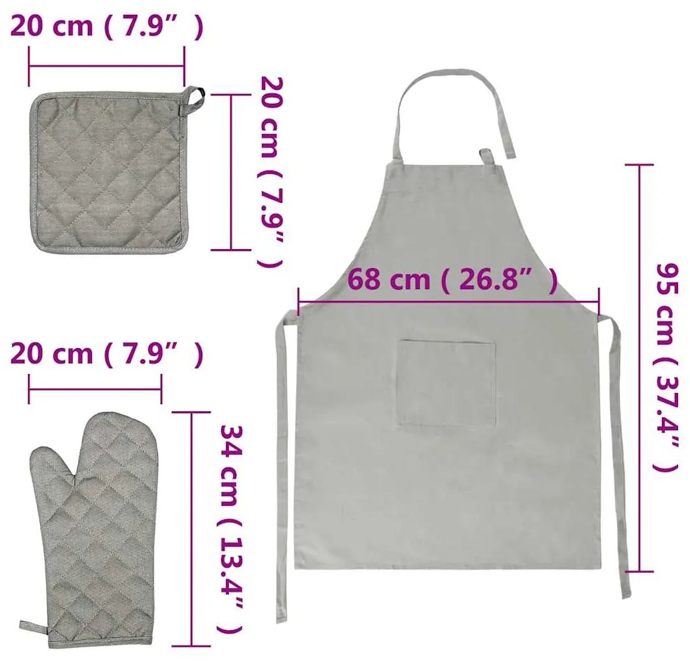 Conj. panos de cozinha c/ luvas e pegas 15 pcs algodão cinzento