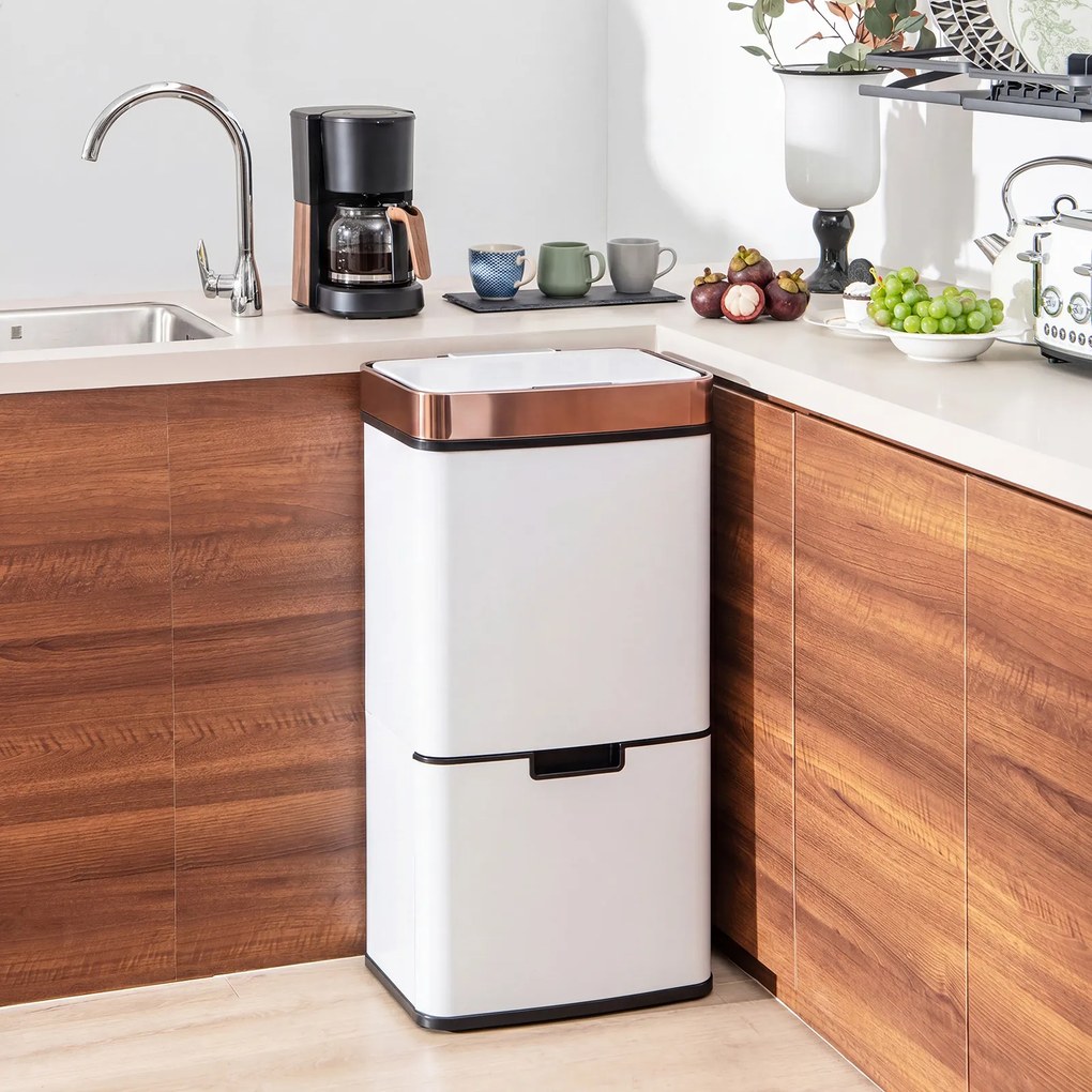 Caixote Lixo do Lixo para Cozinha com Sensor de Movimento, 42 x 32-58 x 84-110 cm, Dupla Extração, Branco