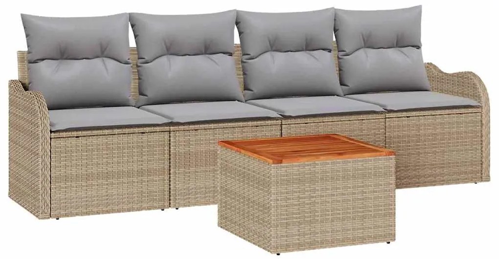 Conjunto de Sofá de Jardim de 5 Peças com Almofadas Bege Rattan Poli A