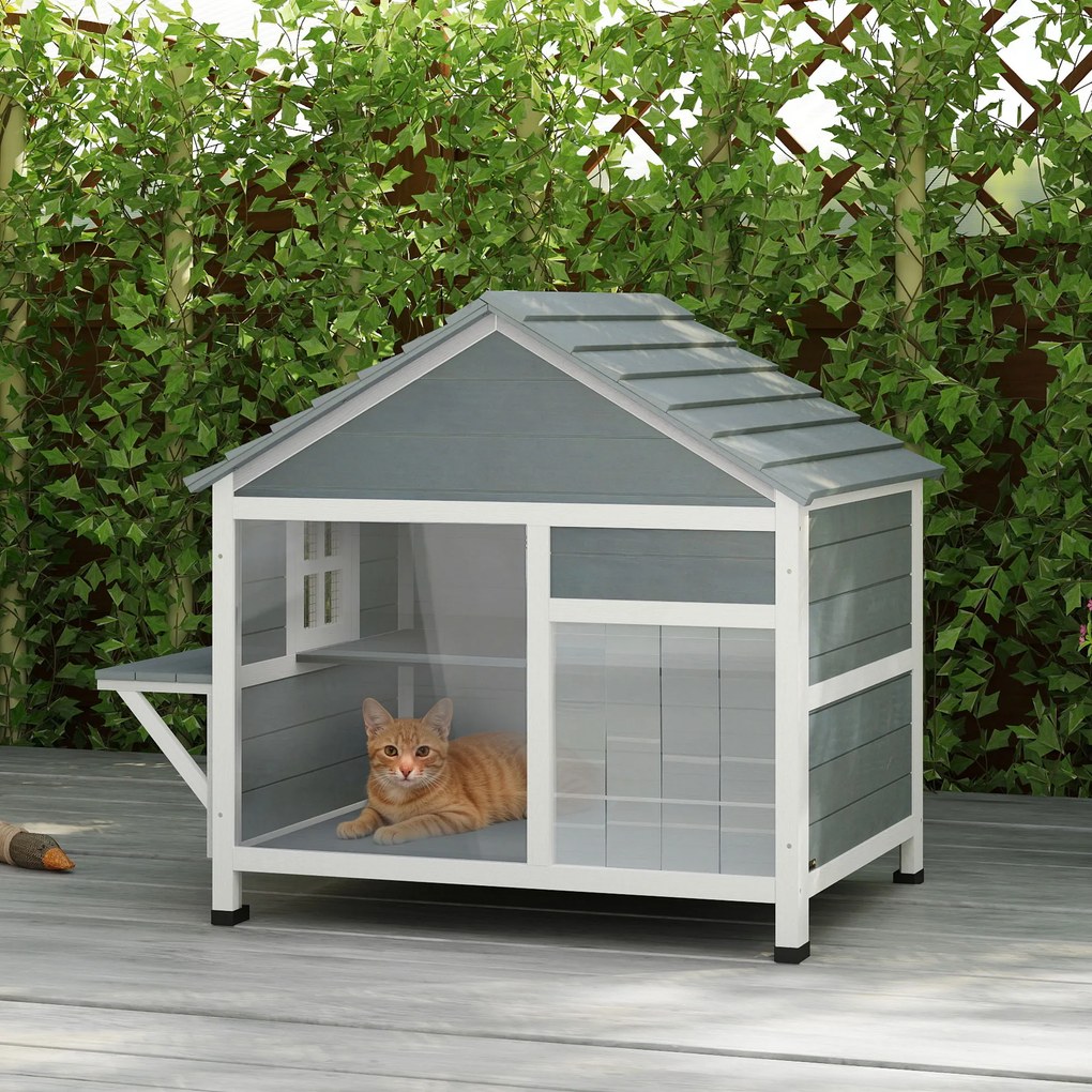 Casinha para gatos de exterior com teto abrível, janela panorâmica, porta de lâminas e plataforma de descanso, 101 x 72,5 x 81 cm, cinzenta