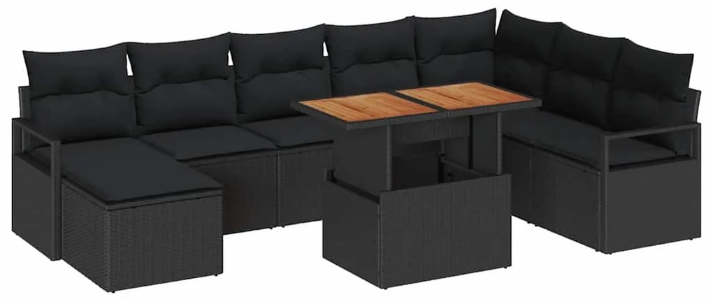 Conjunto de Sofá de Jardim 9 Peças com Almofadas Pretas em Rattan Sint