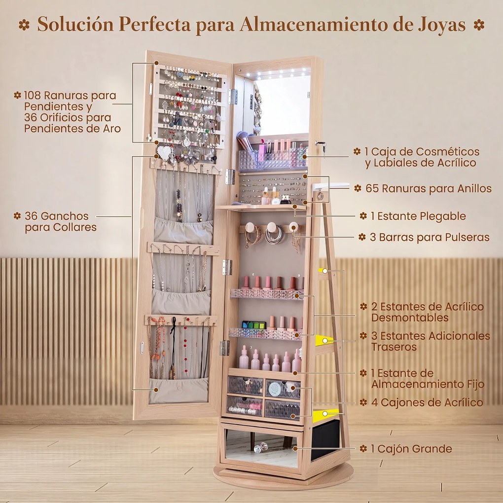 Armário para Joias com Espelho, 56 x 164 cm, Rotação de 360°, Natural