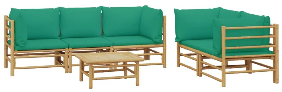 6 pcs conjunto lounge de jardim bambu c/ almofadões verdes