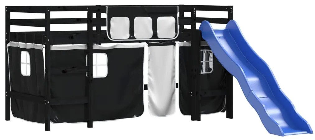 Cama alta criança c/ cortina 90x190cm pinho maciço branco/preto