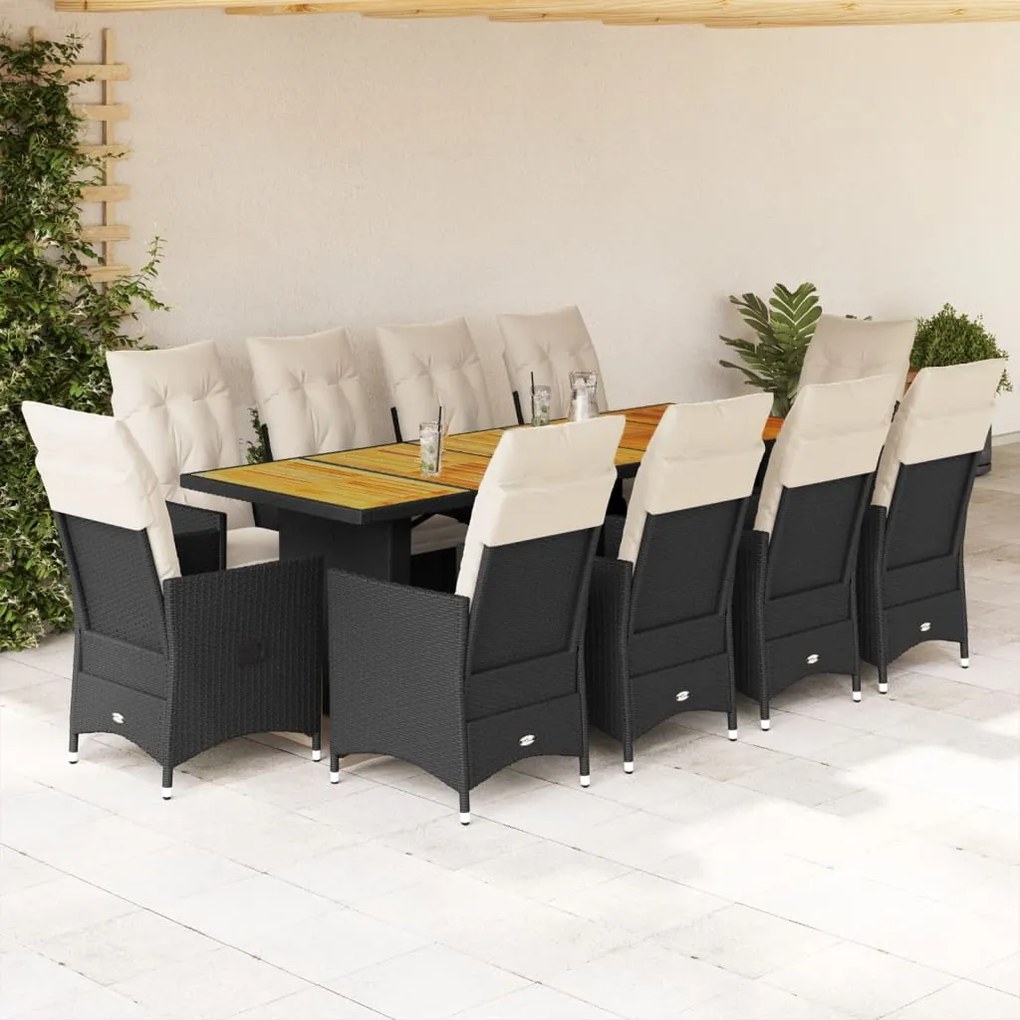 vidaXL 11 pcs conjunto de bistrô p/ jardim c/ almofadões vime PE preto