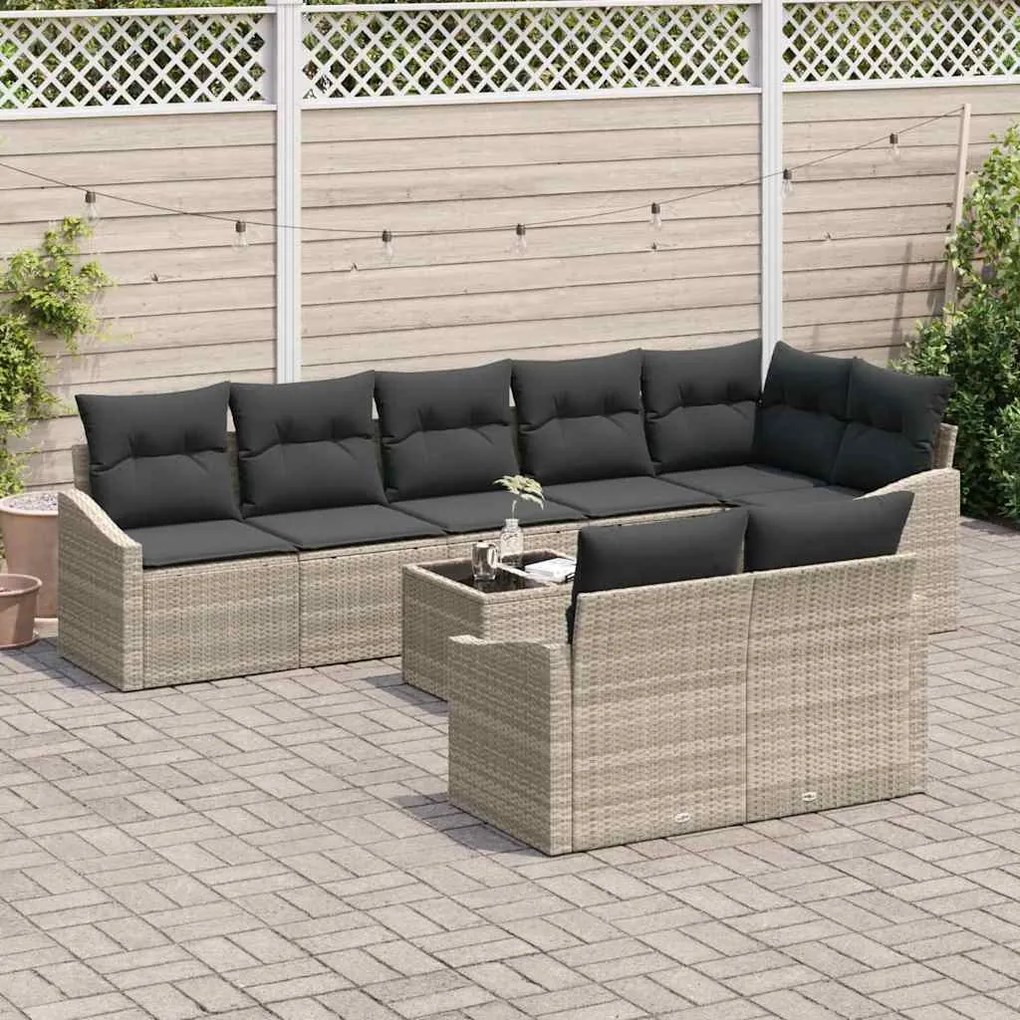 Conjunto de Sofá de Jardim com 9 Peças e Almofadas Cinzas, em Rattan S