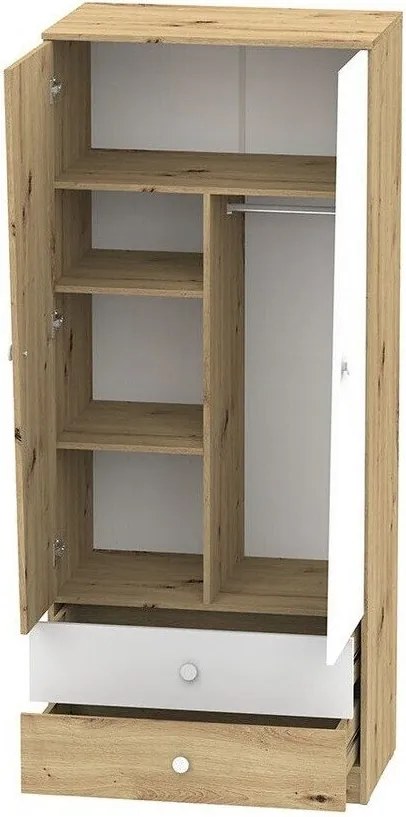 Roupeiro Almira 100, Branco, Carvalho Artisan, 191x80x50cm, 70.2 kg, Portas para roupeiro: Com dobradiças, Número de prateleiras: 3, Número de prateleiras: 3