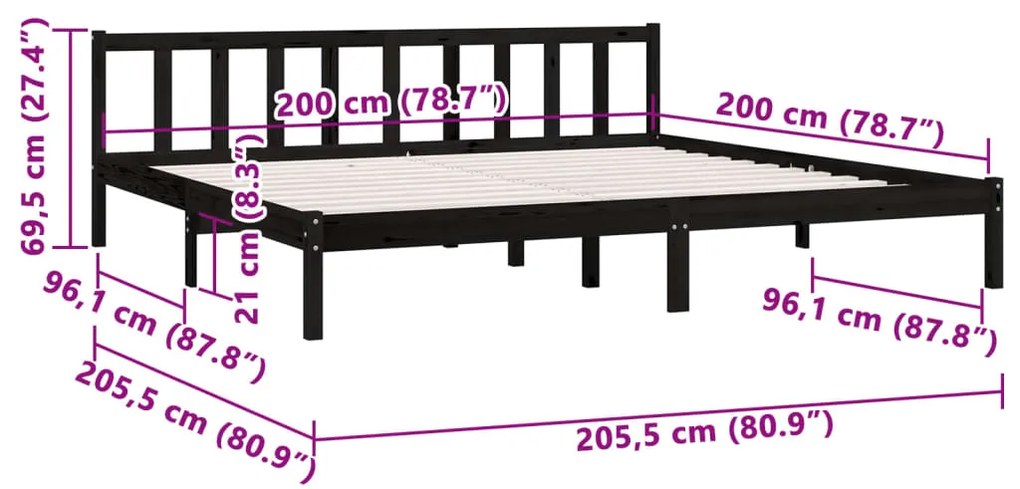 Estrutura de Cama Jane em Madeira de Pinho - 200x200 cm - Preto - Desi