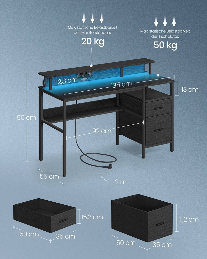 Secretária com gavetas e suporte para monitor em ébano preto