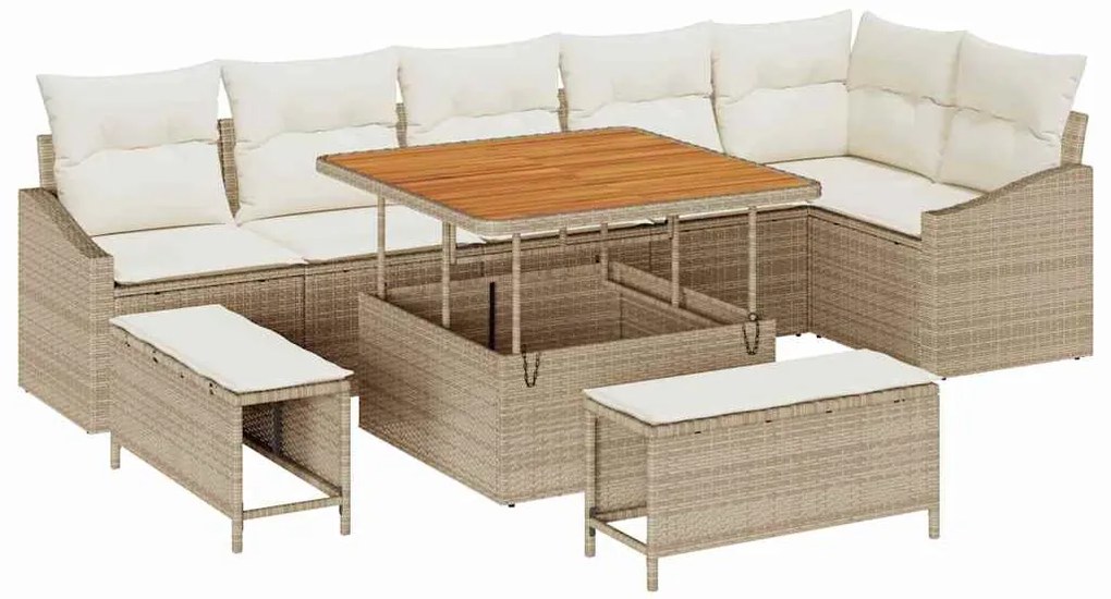 Conjunto de Sofás de Jardim vidaXL de 9 Peças com Almofadas Bege Ratta