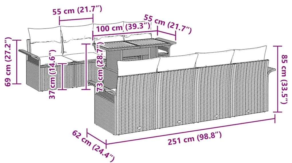 Conjunto de Sofás de Jardim de 9 Peças com Almofadas Beje em Rattan Si