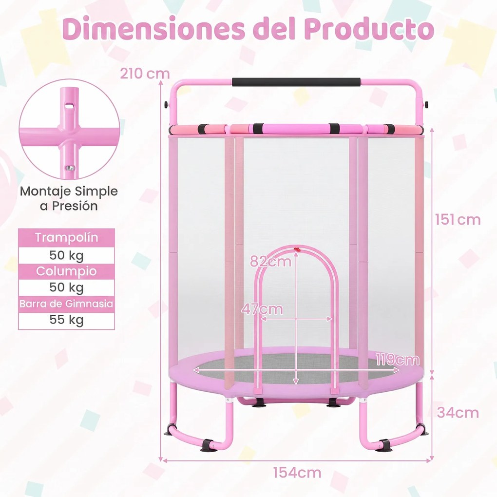 Trampolim Infantil Multifuncional, 154 x 154 x 210 cm, Design 6 em 1, Rosa