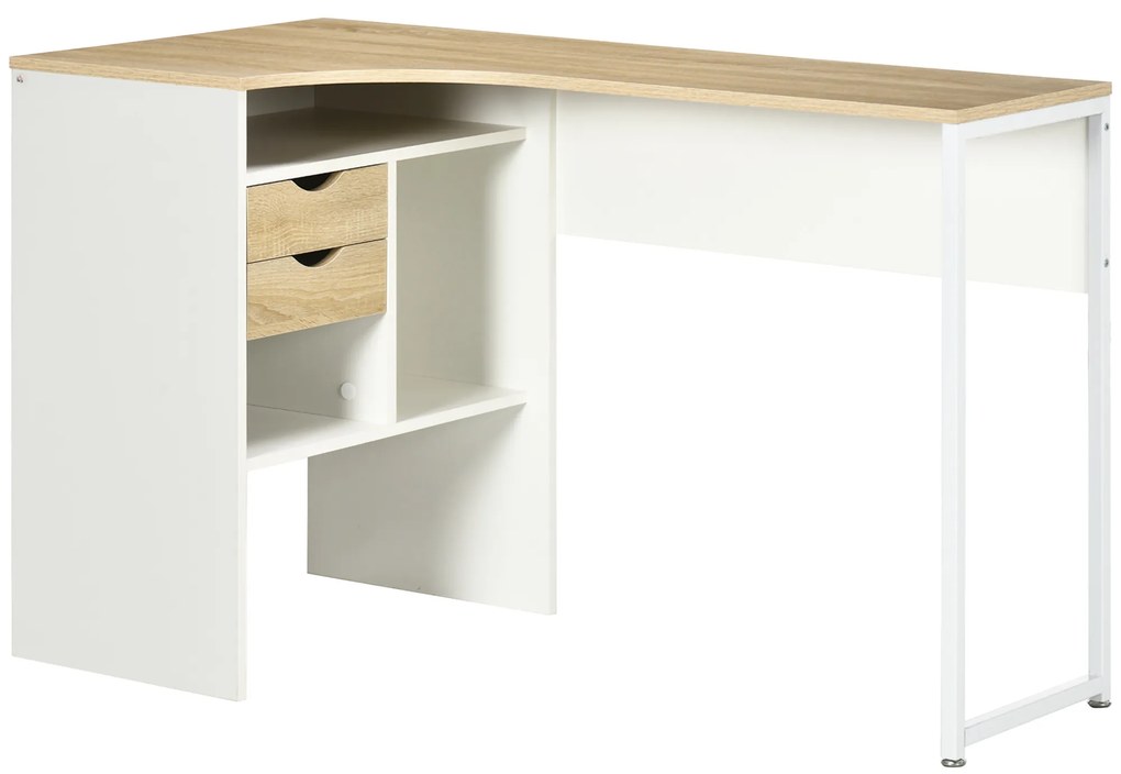 HOMCOM Escritório em Formato de Canto Escritório Informativo com Gavetas Multi Compartimento em Madeira Aspecto Carvalho Claro Branco | Aosom Portugal