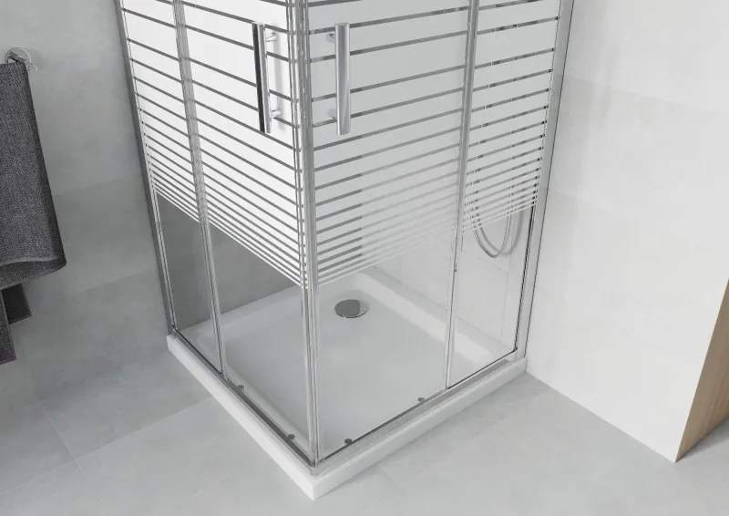Mexen Rio cabine de duche quadrada 80 x 80 cm, faixas brancas, cromado + base de duche Flat, branco - 860-080-080-01-20-4010