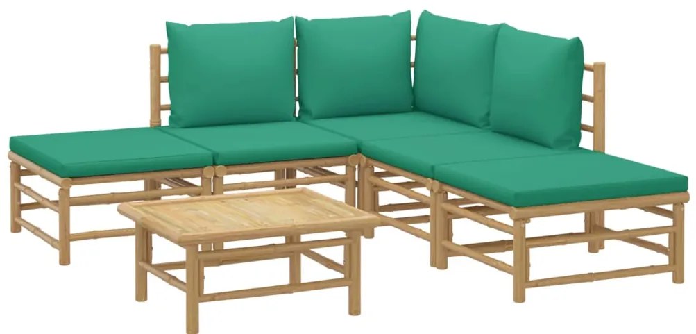 6 pcs conjunto lounge de jardim bambu c/ almofadões verdes